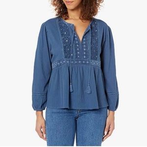Lucky Brand XL Women’s Embroidered Long Sleeve Velvet Yoke Peasant Top Blue